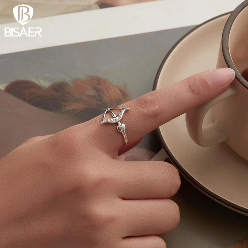 BISAER 925 Sterling Silver Heart Arrow Open Ring Adjustable Eternity Band for Women Engagement Wedding Fine Jewelry ECR1132-E