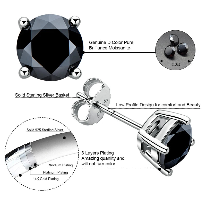 OXTAO Black Moissanite Stud Earrings 6.5mm 1.0ct Men's and Women's GRA Certified Solitaire Stone Piercing Earrings Jewelry Gift