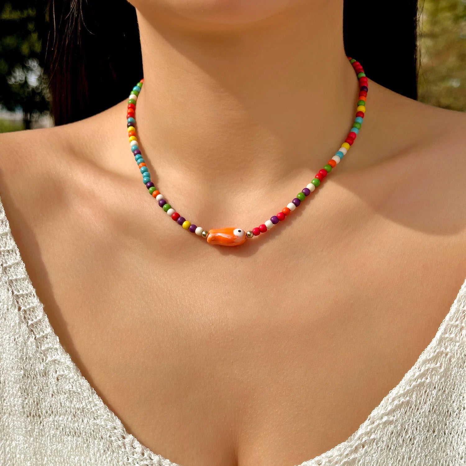 Colorful Ceramic Fish Beaded Necklace For Women Unisex Handmade Rice Beads Choker Beach Party Aesthetic Charm Jewelry Gifts