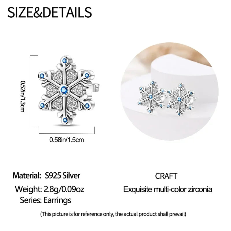 925 Sterling Silver Christmas Blue Snowflakes Tassel Diamond Earrings Red Bow for Women Creative Jewelry Christmas Themed Gifts