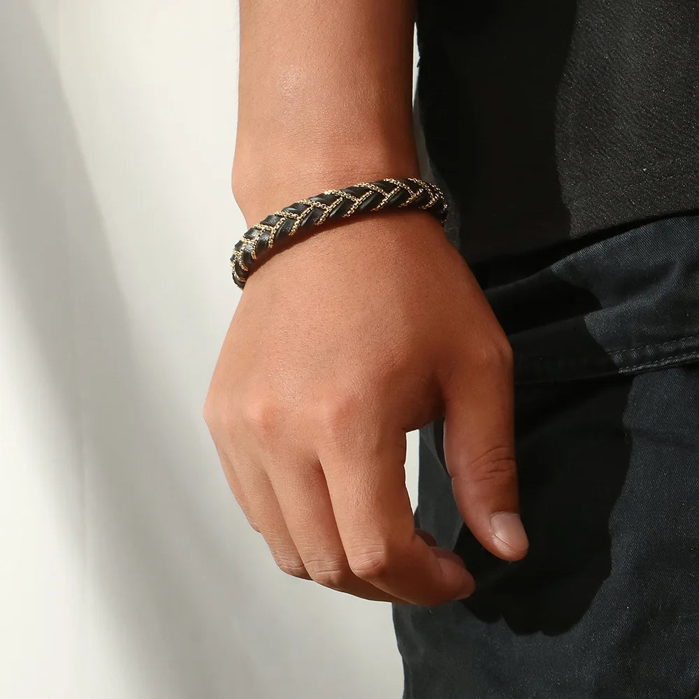 MKENDN Genuine Leather Box Chain Bracelet for Men Matte Black Magnetic Stainless Steel Clasp Exclusive Jewellery Gift Wholesale