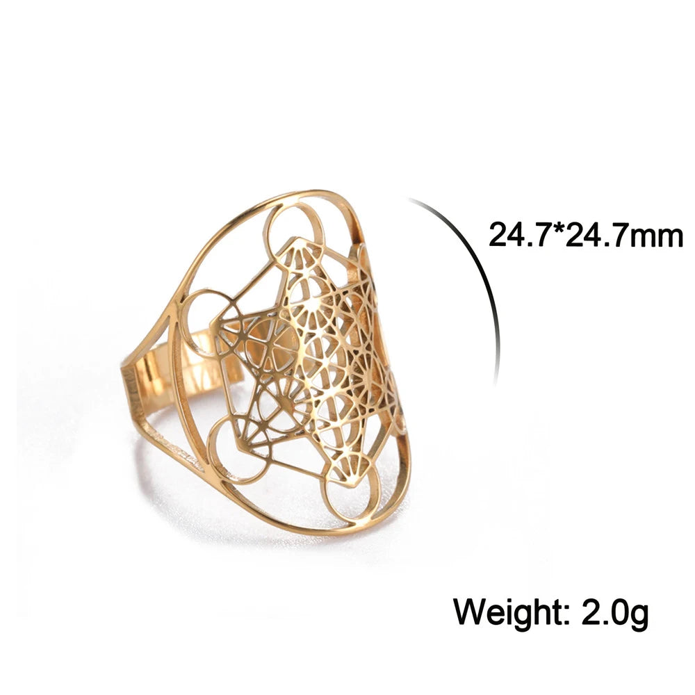 Unift Scared Geometry Flower of Life Ring Adjustable Stainless Steel Ring Men Women Accessories Vintage Filigree Viking Jewelry - Madeinsea©