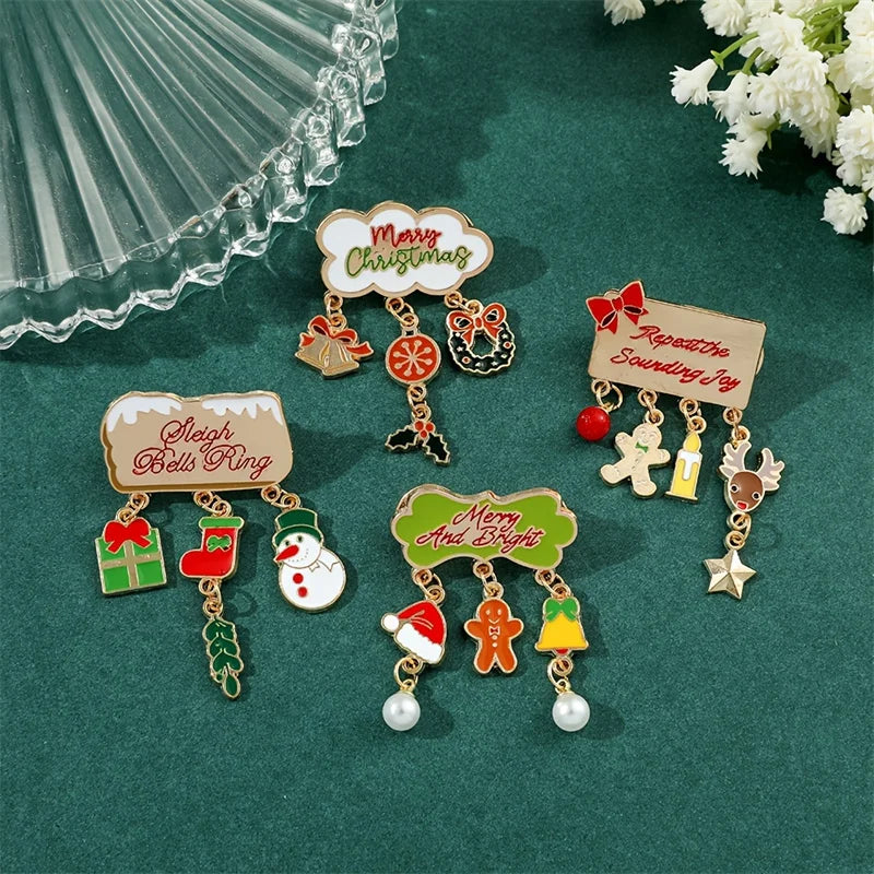 Fashion Christmas Brooch For Women Men Xmas Tree Snowman Wreath Elk Metal Tassel Lapel Pins Badges New Year Party Festival Gift