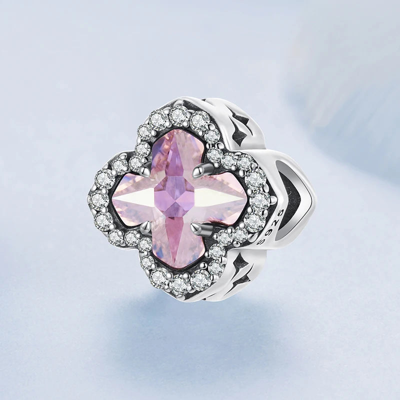 WOSTU 925 Sterling Lucky Green Four-leaf Clover Charm Pink Heart Pendant Faith Cross Bead Fit Bracelet Necklace Gift mom Family