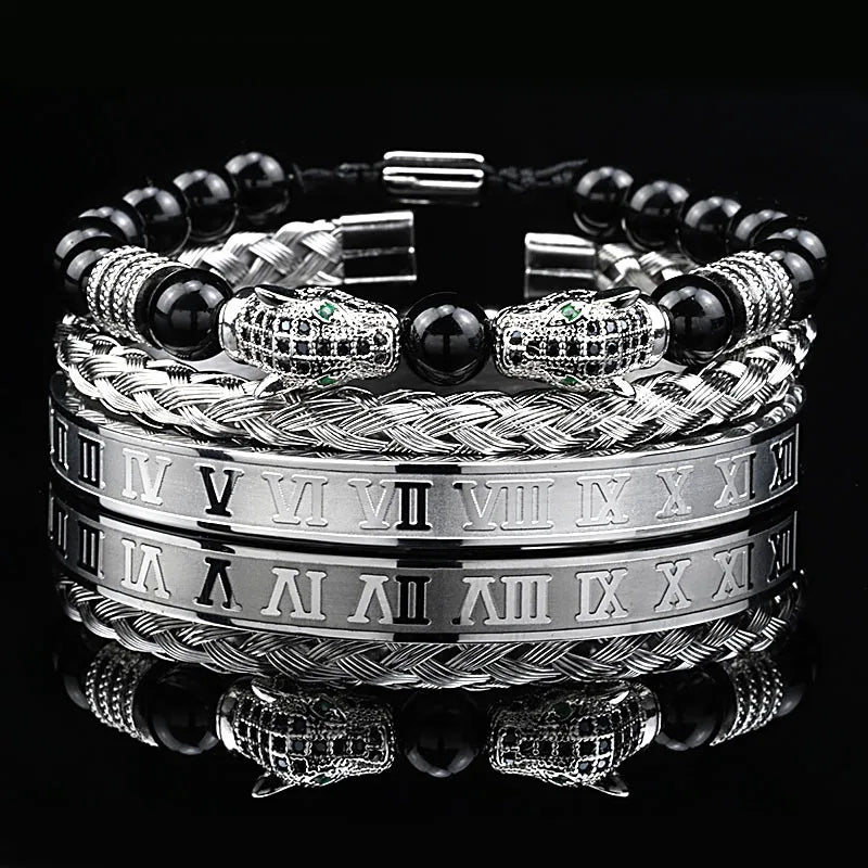 Luxury Black Stone Beads Leopard Head Man Bracelet Enamel Stainless Steel Roman Bangles Women Jewelry Set