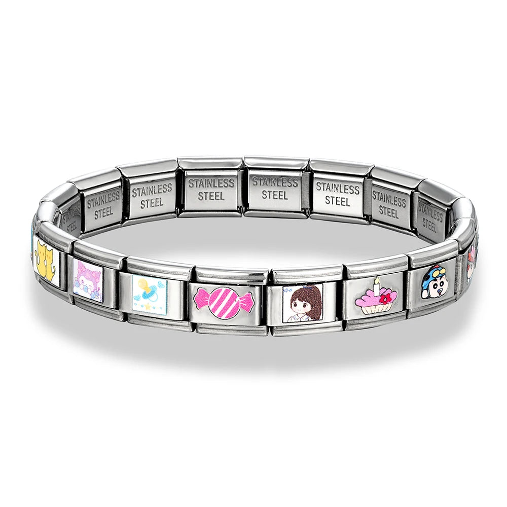 MKENDN Italian Elastic Charm Bracelet 9mm DIY YINYANG TAIJI Cartoon Candy Heart Stainless Steel Fashion Bangle