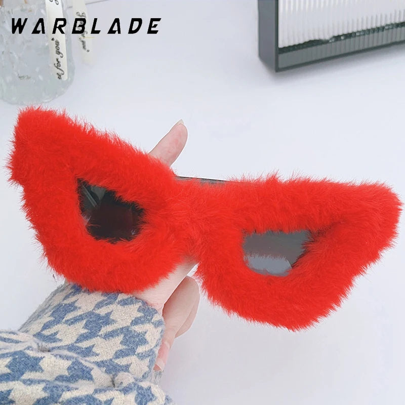 New Trendy Oversized Plush Sunglasses Winter Shades For Women Soft Fluffy Cat Eye Sun Glasses Personality Party Festival Glasses