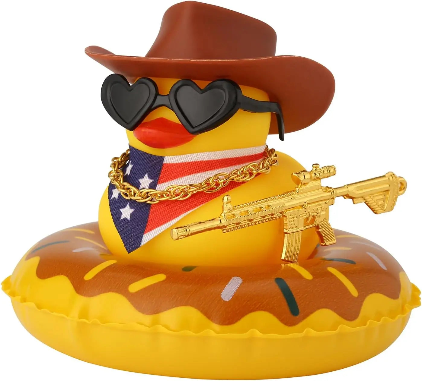 Rubber Duck with Weapon for Car Dashboard Decor, Squeaky Duck Toy Yellow Cowboy Ducks Car Ornament Fun Car Accessories