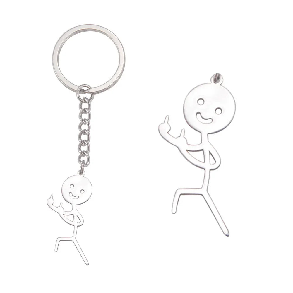 Dreamtimes Funny Doodle Key Chain Graffiti Stainless Steel Middle Finger Stickman Men Pendant Key Rings Jewelry Couples Hip-hop