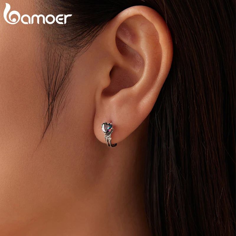 BAMOER 925 Sterling Silver Skeleton Heart Hoop Earrings Double Layer Retro Huggies Earrings for Women Halloween Party Jewelry