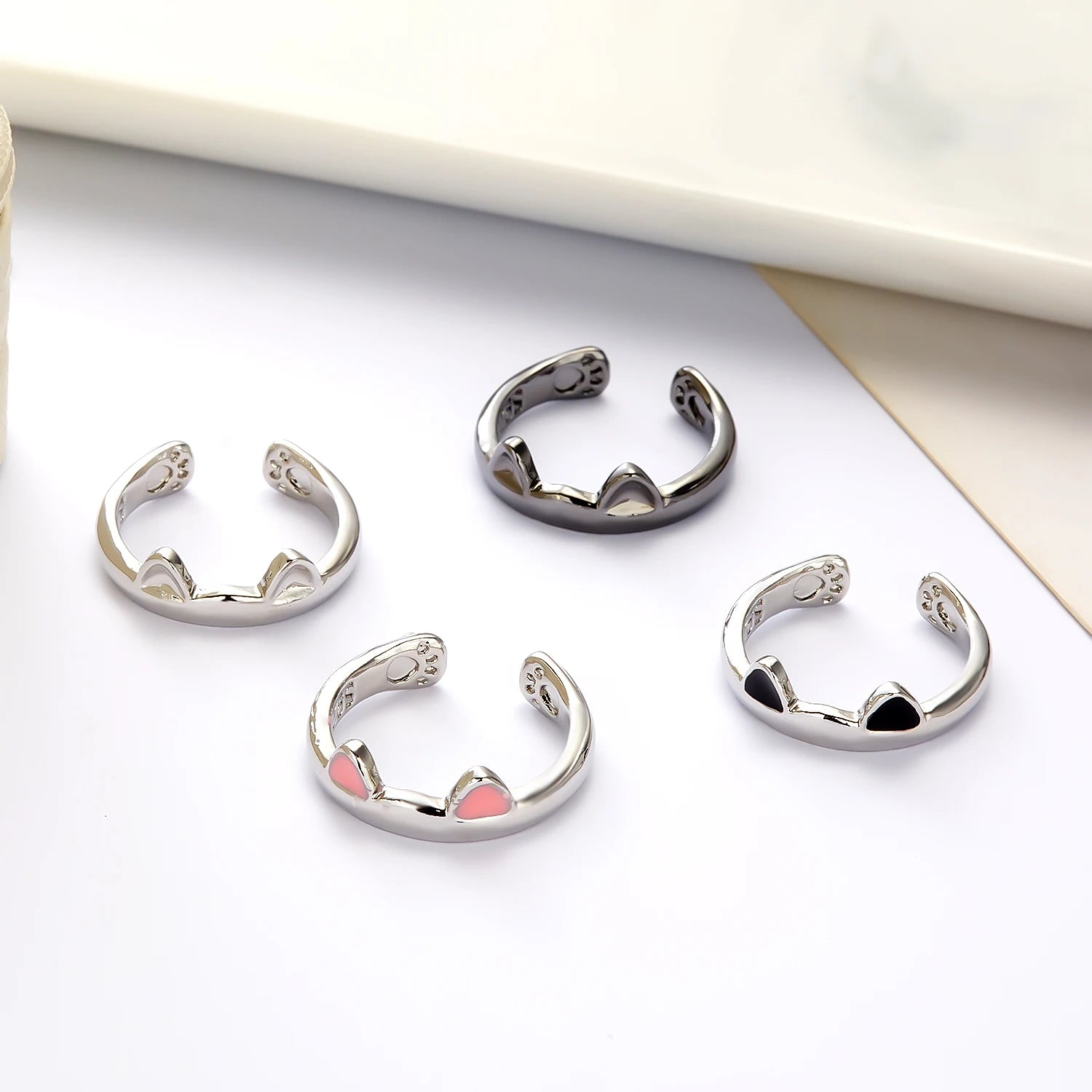 Pink Cute Cat Ear Ring For Women Cats Paw Embrace Tightly Opening Finger Rings Girl Ladies Party Birthday Jewelry Accessories