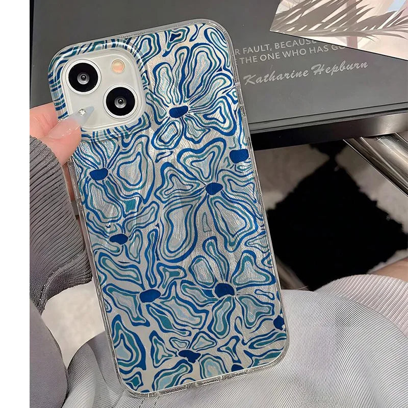 Abstract Blue Aqua Water Wave Floral Case for Samsung Galaxy S25 S24 S23 Ultra S22 S21FE A16 A15 A55 A35 A14 A34 A54 A56 A52 A36