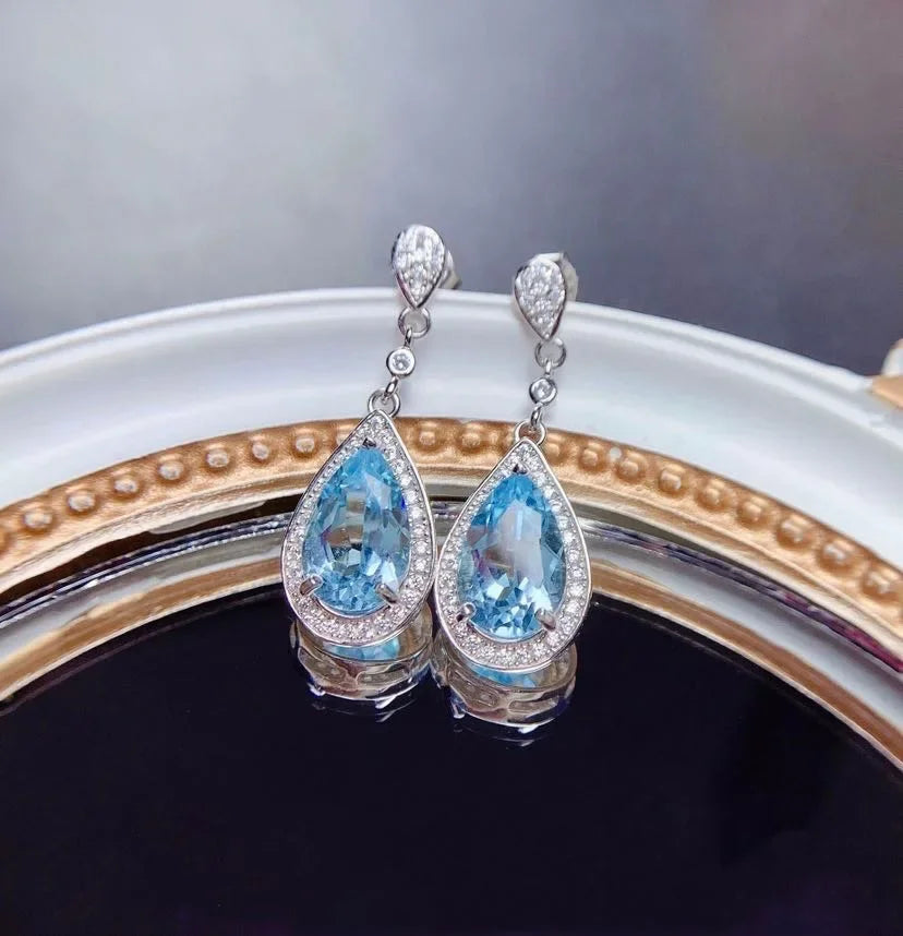 Natural Topaz Hoop Earrings Female Bule Stone Sterling Silver 925 Earrings for Women Big Topaz Earrings Valentiner's Day Gift