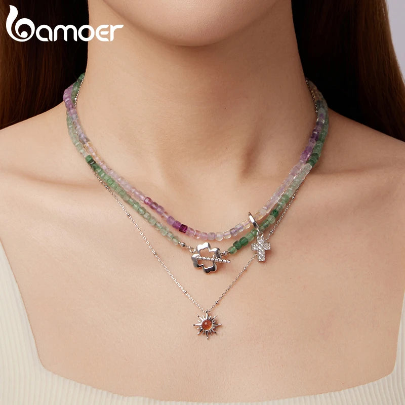 BAMOER 925 Sterling Silver Golden Sun Necklace Natural Sunstone Gem Pendant Necklace Beads Link Chain Women Mother Lucky Gift