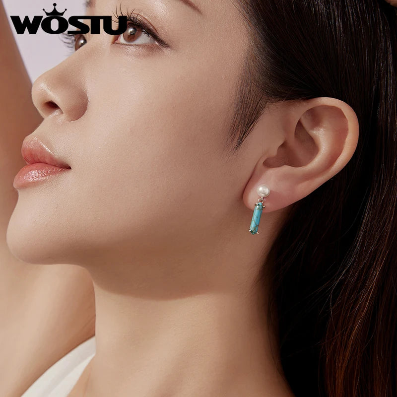 WOSTU 925 Sterling Silver Pearl &Turquoise Drop Dangle Earrings for Women Elegant s925 Silver Party Holiday Jewelry Gift
