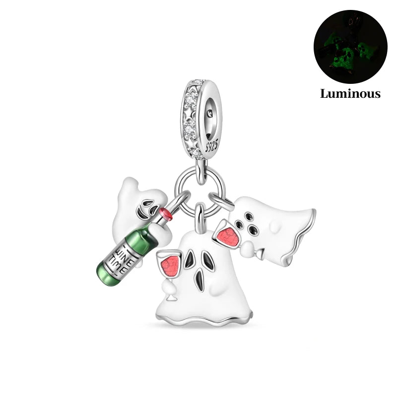 2024 New 925 Sterling Luminous Halloween Skull Witch Pumpkin Candy Charms Beads Fit 3mm Original Bracelets DIY Party Jewelry