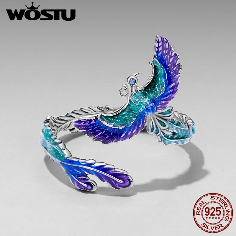 WOSTU 925 Sterling Silver Unique Phoenix Open Ring For Women, Original Luxury Animal Justable Rings Xmas New Year Jewelry Gift