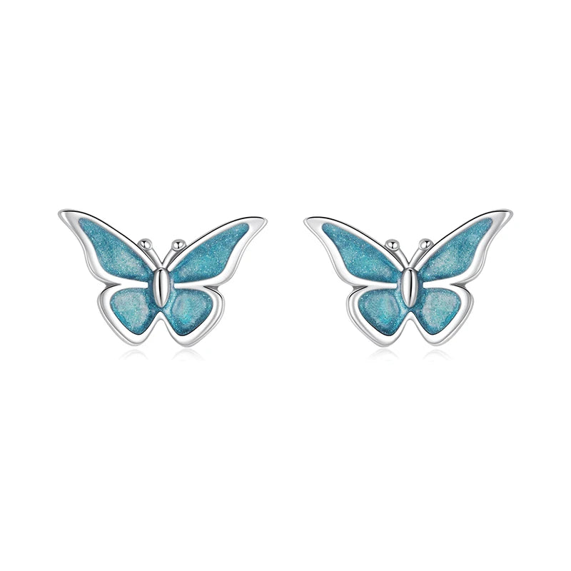 BAMOER 925 Sterling Silver Cute Butterfly Stud Earrings Blue Enamel Insect Earrings for Women Teens Young Lively Jewelry Gift