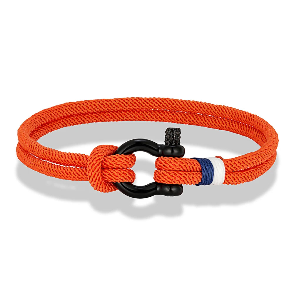 MKENDN Schwarzes Armband aus Edelstahl mit Hufeisenschnalle für Männer und Frauen, marineblaues Überlebensarmband aus geflochtenem Seil, Paarschmuck