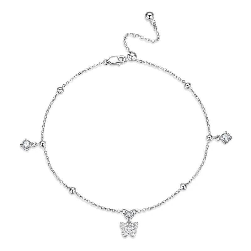 WOSTU 925 Sterling Silver Butterfly Tassels Anklet for Women Foot Links Boho Beach Summer Simple Foot Jewelry Anklet Bracelets