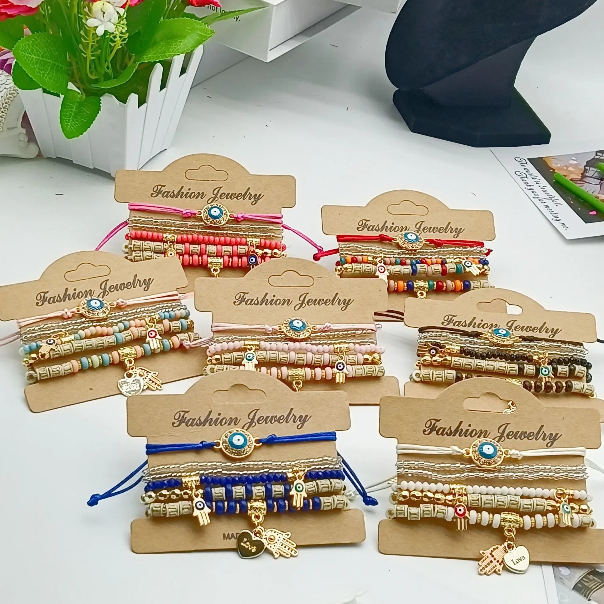 6Pcs Fatima Hand Evil Eye Bracelet Set For Women Heart Charm Beads Rope Chain Bangle Female Bohemian Handmade Jewelry