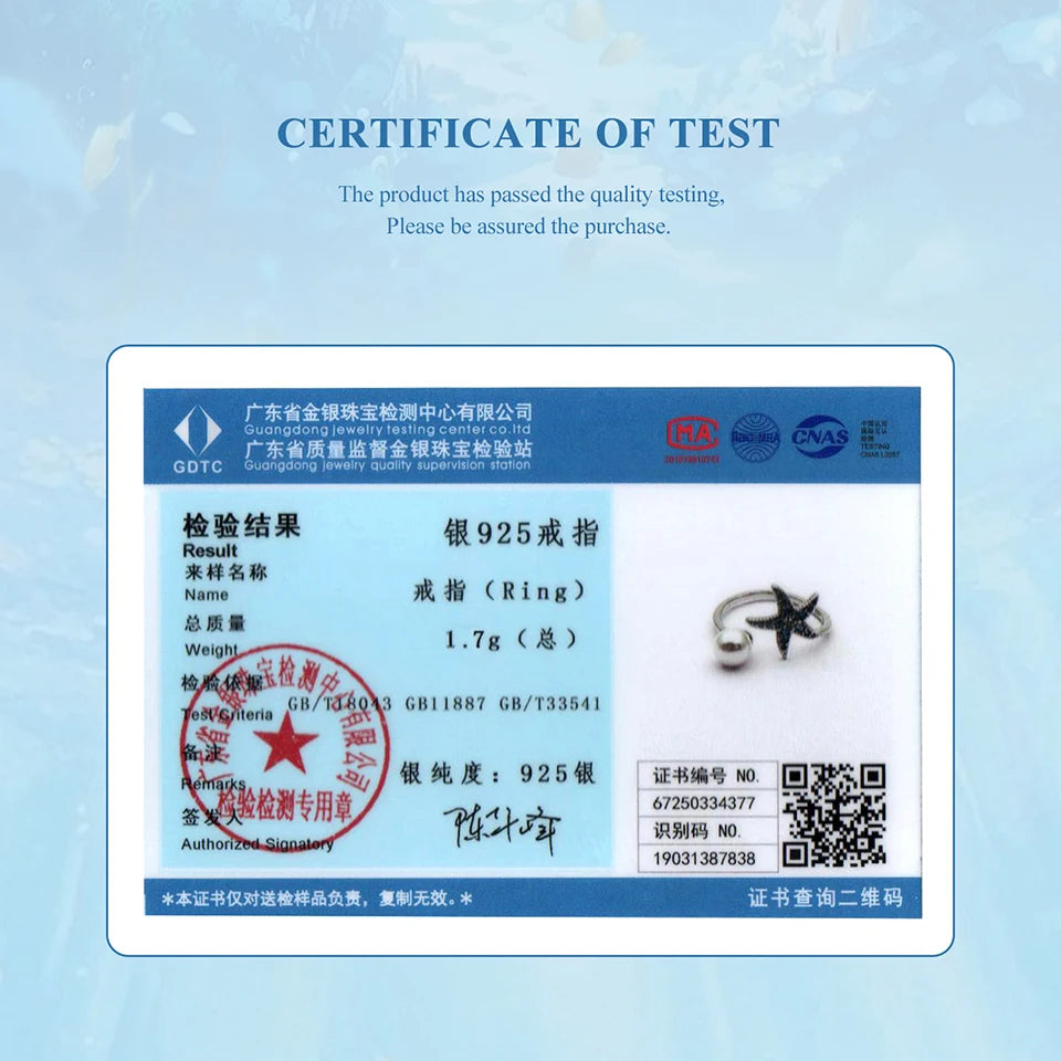 BAMOER 925 Sterling Silber Seestern-Perlenring, Stapelring, niedliche Tiermotive, verstellbarer offener Ring, Geburtstagsgeschenk