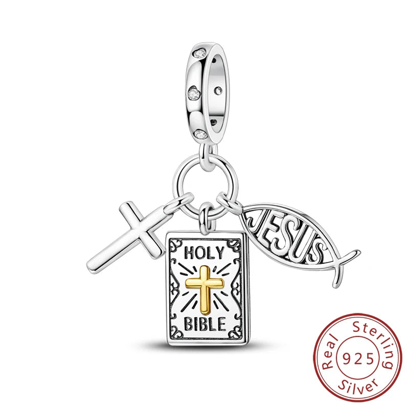 100% 925 Sterling Silver Charms Beads Bible Zircon Cross Jesus Both Hands Pray Fit 925 Original Bracelets Fine DIY Party Jewelry