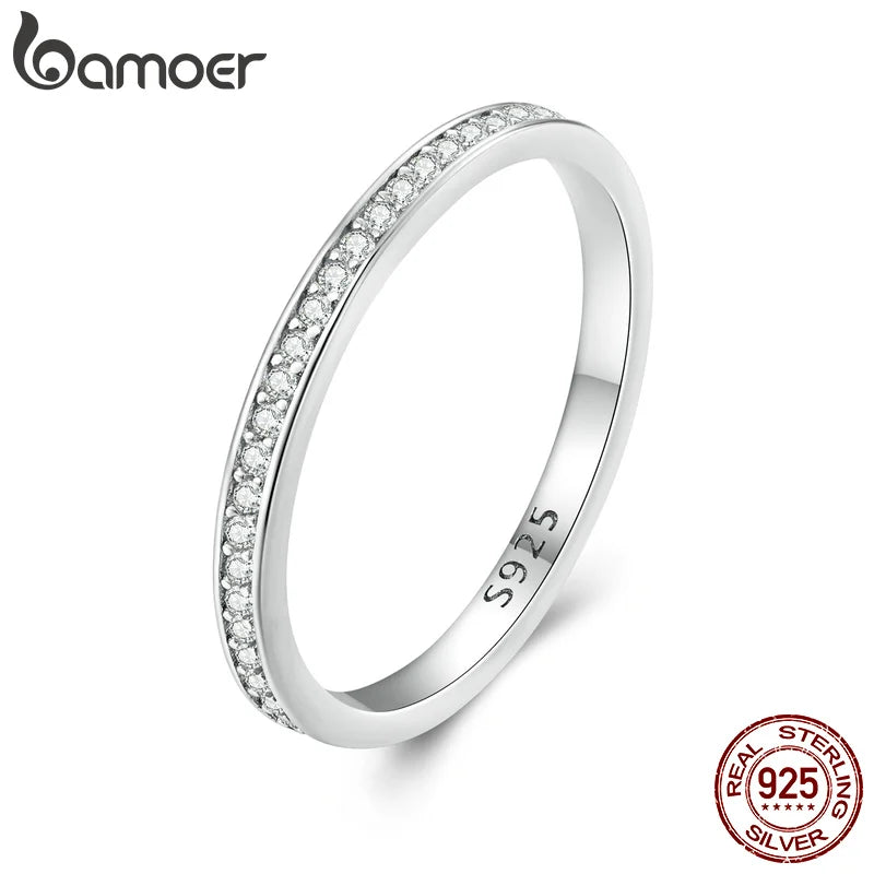 BAMOER Moissanite Wedding Band 925 Sterling Silver Eternity Rings Platinum Plated Lab Created Diamond Stackable Ring for Women