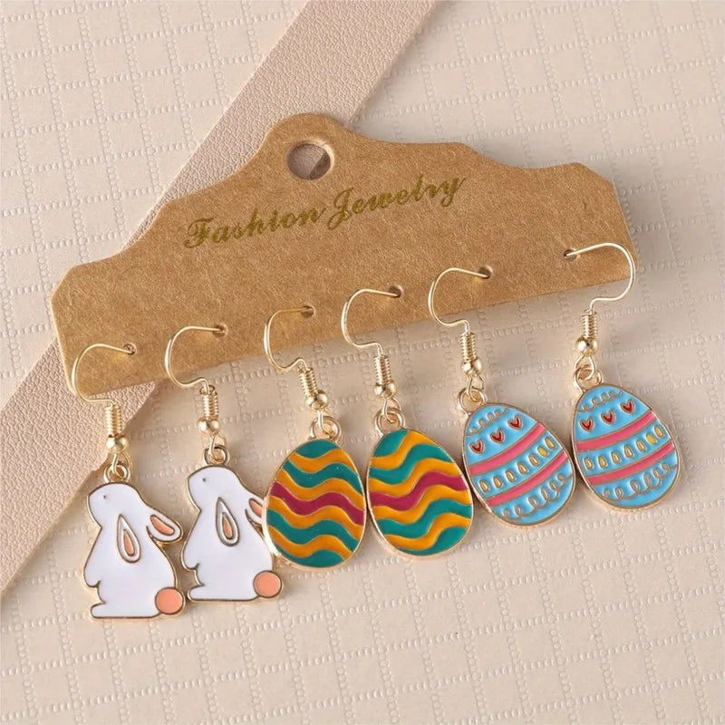 6pcs/set Rabbit Egg Design Dangle Earrings for Women Cute Fashion Cartoon Easter Earrings Party Jewelry Gifts
