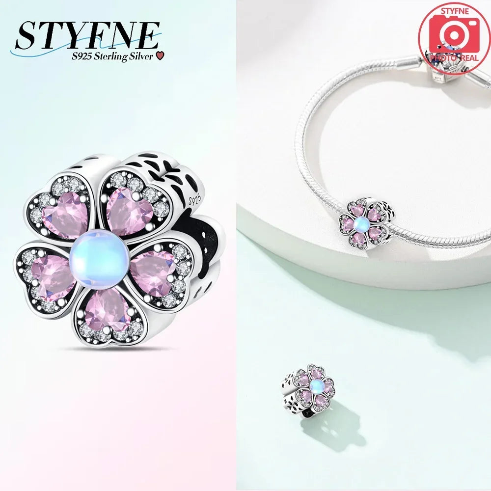 S925 Sterling Silver Flower with Various Shapes Sparkling Zircon Sunflower Charms Beads Fit Original Bracelets DIY Jewelry