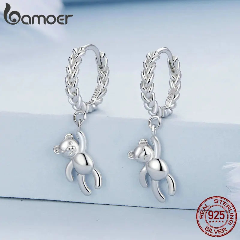 Sterling Silver Braided Texture Twisted Ear Buckles Silver Bear Drop Earrings for Women Christmas Gift Jewelry - Madeinsea©