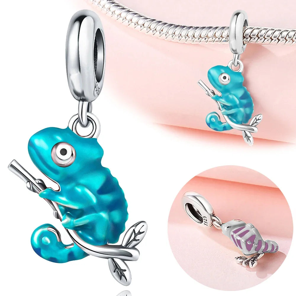 925 Sterling Silver Color Forest Chameleon Charm Pendant Beads Fit Charm Bracelet Original for Women DIY Jewelry Making