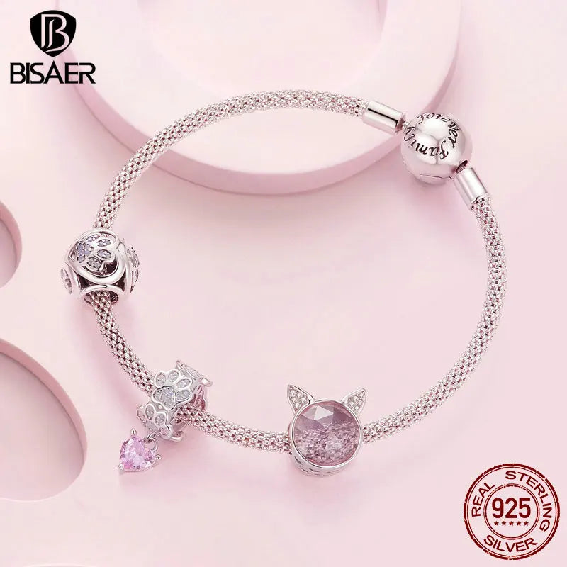 BISAER 100% 925 Sterling Mignon Ours Rose Charm Perle En Forme De Coeur Papillon CZ Pendentif Fit Femmes Bracelet À Bricoler Soi-Même Bijoux Fins
