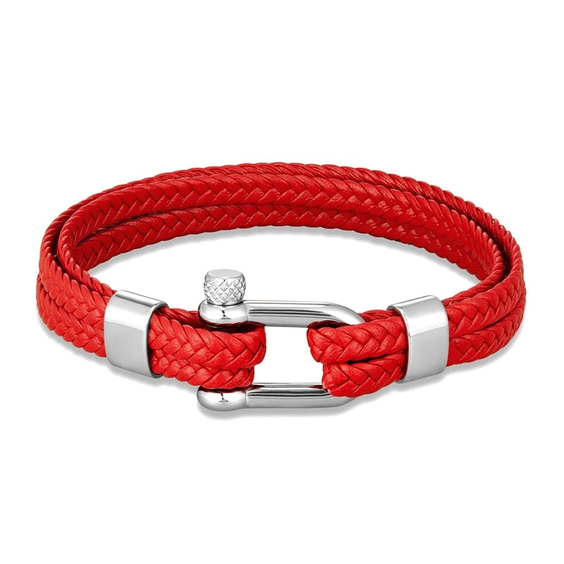 MKENDN Navy Style Leather Bracelet For Men Women Braided Multilayer Rope Chain Stainless Steel U-Shape Shackle Jewelry Pulseras