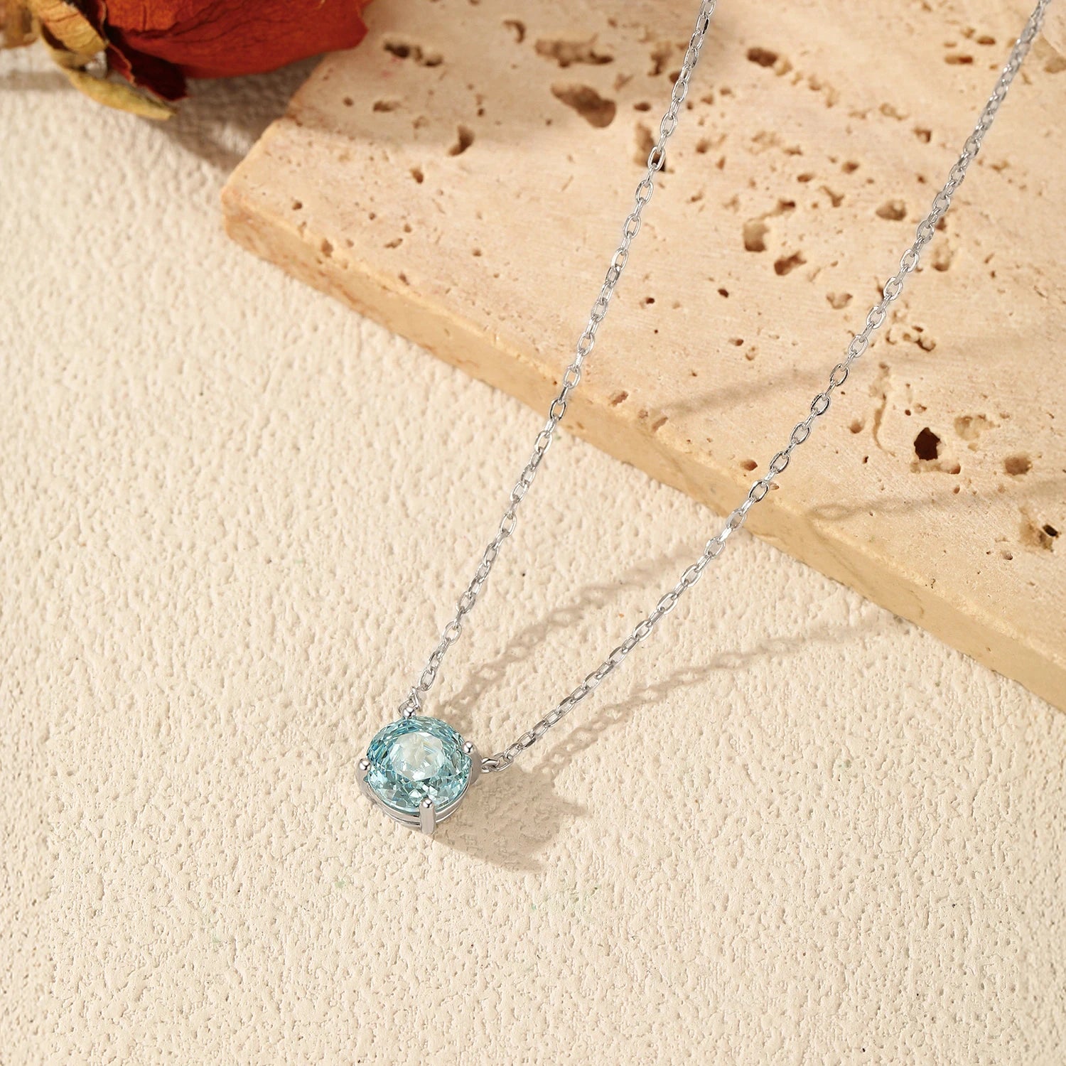 MODIAN 925 Sterling Silver 2 Sizes Classic Round Rose Cut Light Sea Blue CZ Pendant Necklaces For Women Fine Jewelry