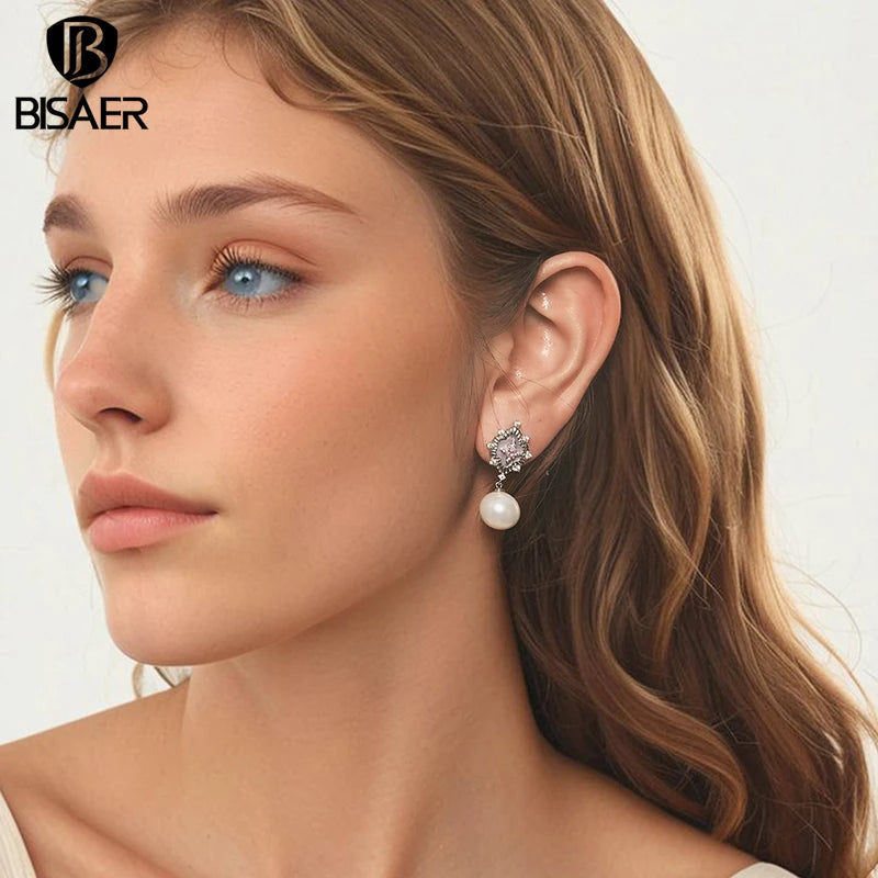 BISAER Starlight Pink Shell Stud Earrings Star Zircon Stud Ear Plated White Gold For Woman Party Engagement Fashion Jewelry