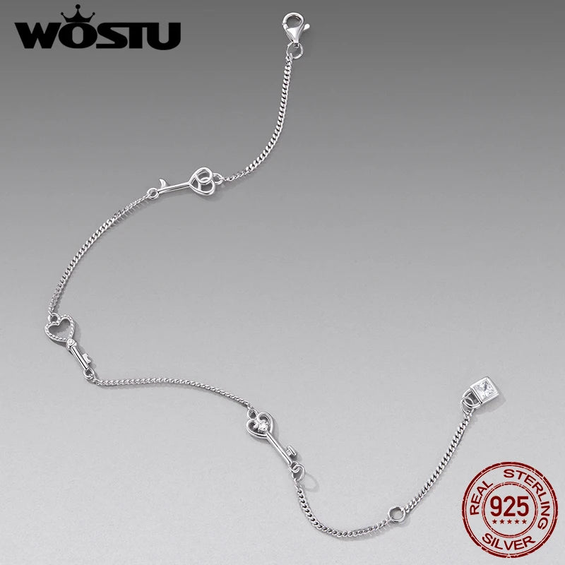 WOSTU 925 Sterling Silver Key Lock Charm Bracelet for Women With Zircon, Dainty Adjustable Hand Chain Jewelry for Romantic Gift