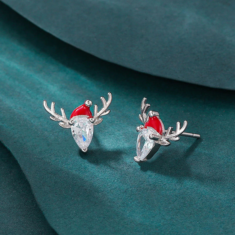 Exquisite Inlaid Zircon Christmas Small Stud Earrings For Women Red Elk Snowflake Xmas Tree Snowman Asymmetrical Earring Jewelry