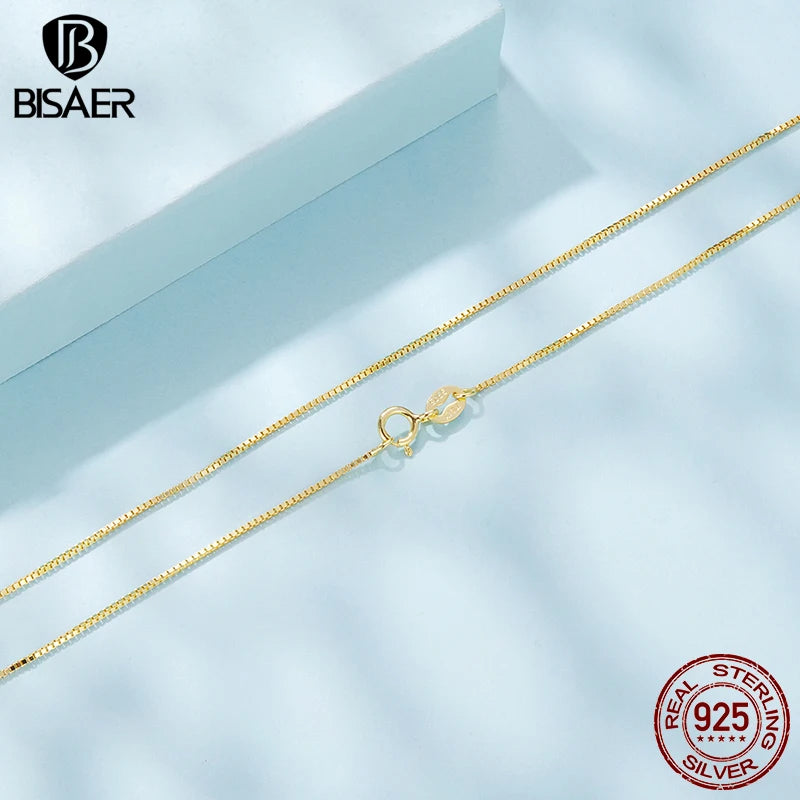 BISAER 925 Sterling Silver Box Basic Chain Necklace Lobster Clasp Optional 40 45 50cm Plated White Gold Women Men Party Jewelry