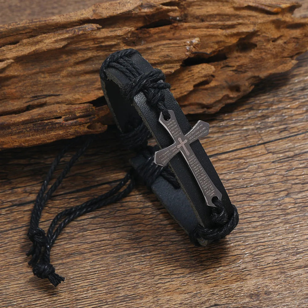Retro Punk Metal Cross Bible Bracelet Hand Woven Cowhide Leather Adjustable Bracelet Christian Accessories Unisex Jewelry Gift