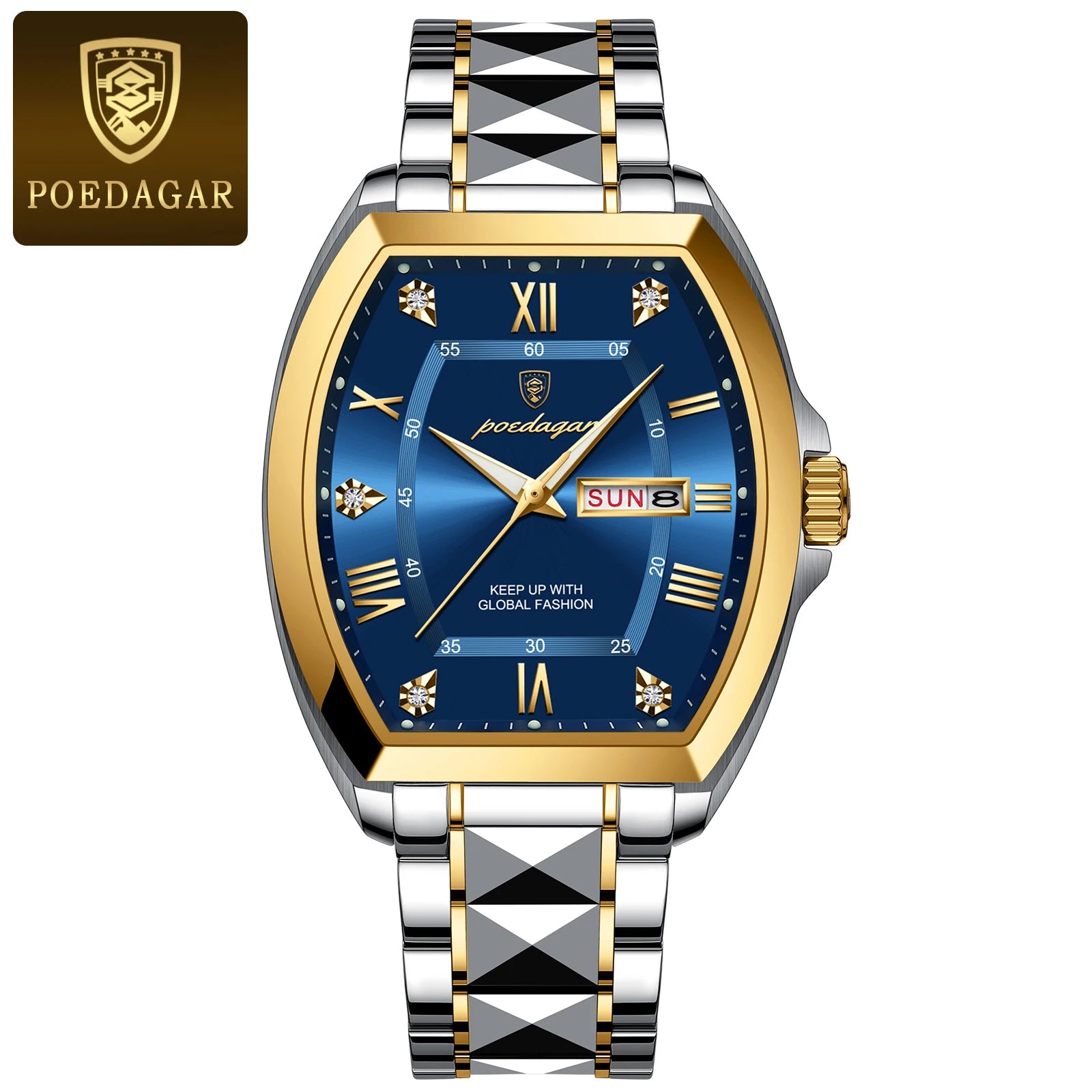 POEDAGAR Luxury Stainless Steel Watches for Man Luminous Waterproof Date Week Men Watch Tonneau Case Men's Quartz Watches Reloj