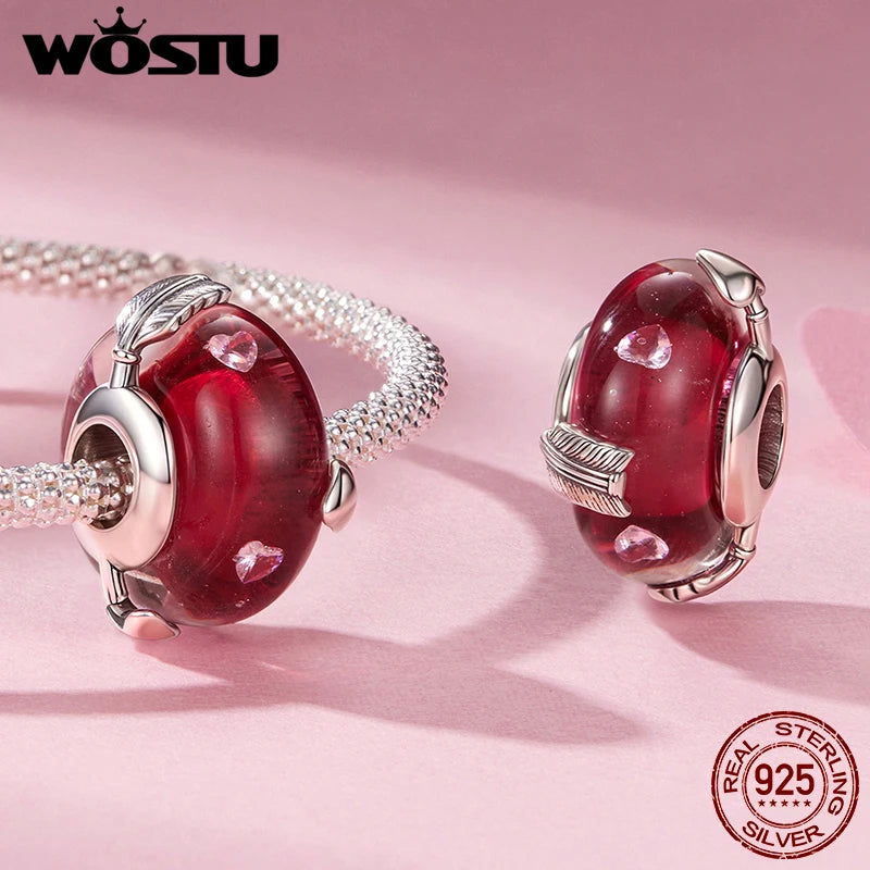 WOSTU 925 Silver Valentine's Gift Love Heart Charm Key Pendant Red Murano Glass Bead Fit DIY Jewelry make For Bracelet Necklace