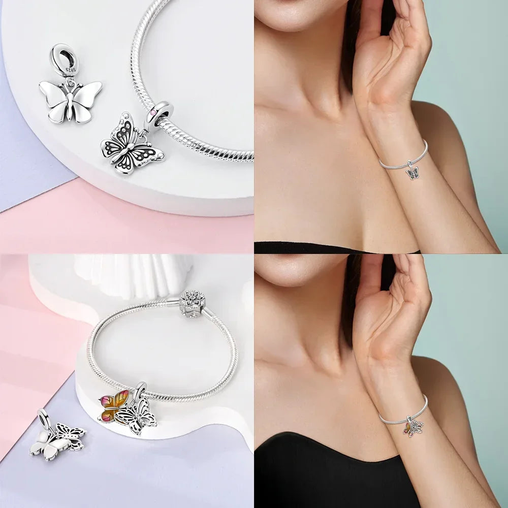 925 Sterling Silver Blue Series Butterfly Beads Pendant Fit Bangle Charms Bracelet DIY Women Original Jewelry