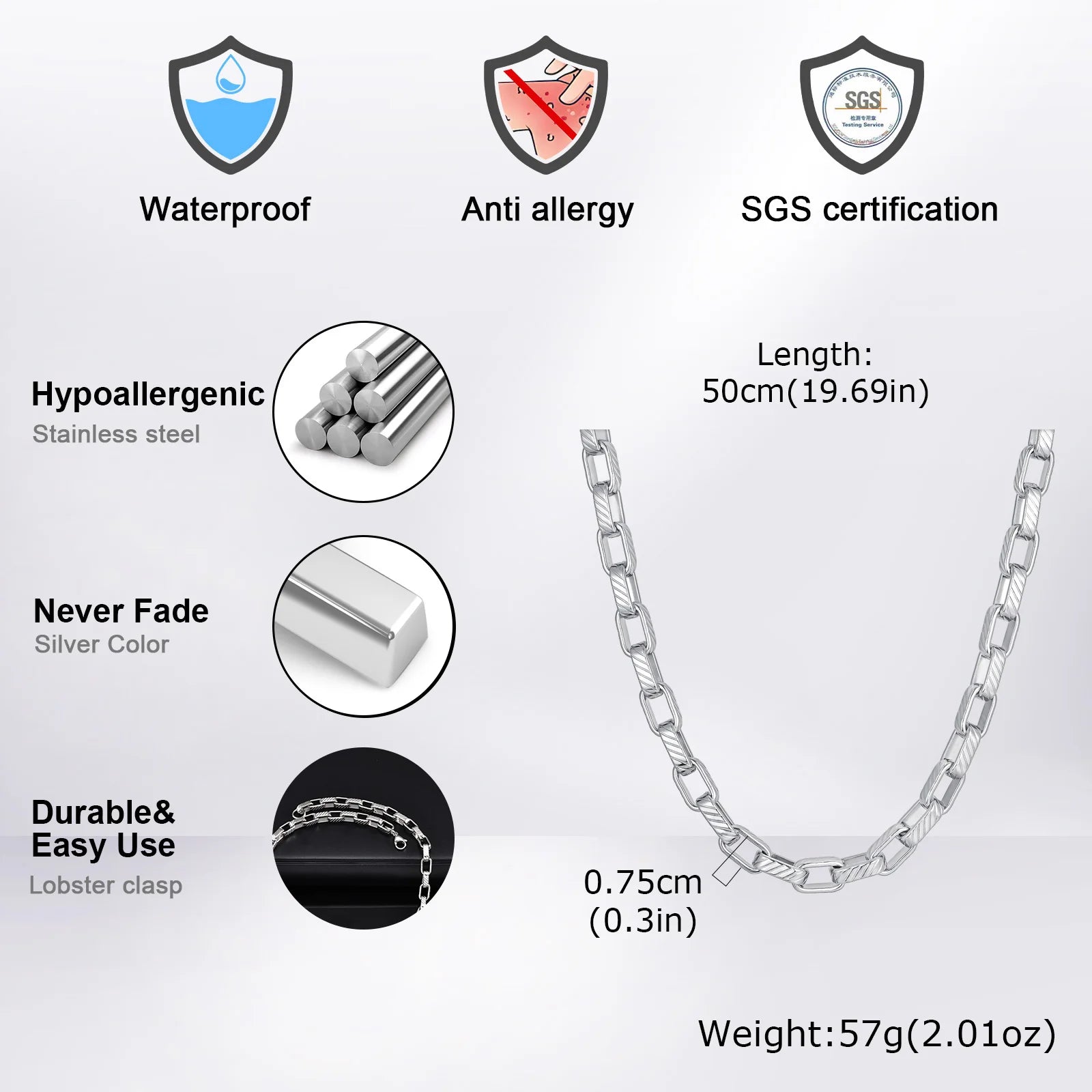 Vnox Heavy Punk 7.5mm Paperclip Chain Necklaces, Mens Waterproof Stainless Steel Rectangular Links Collar, Chunky Rock Jewelry