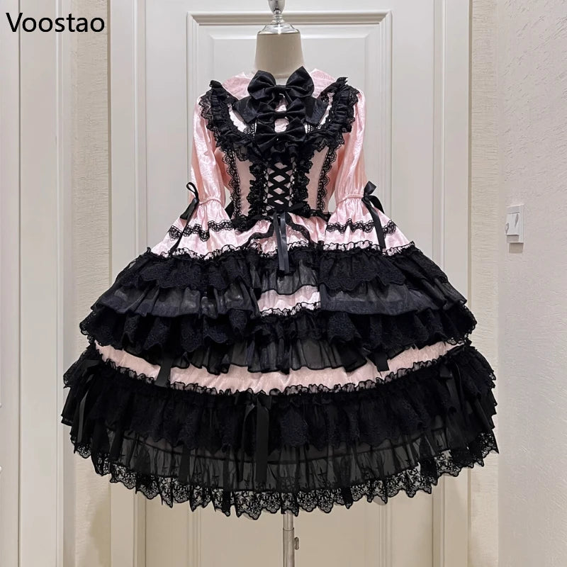 Victorian Vintage Lolita OP Dress Women Kawaii Cute Bow Lace Ruffle Flower Wedding Dress Japanese Elegant Princess Party Dresses