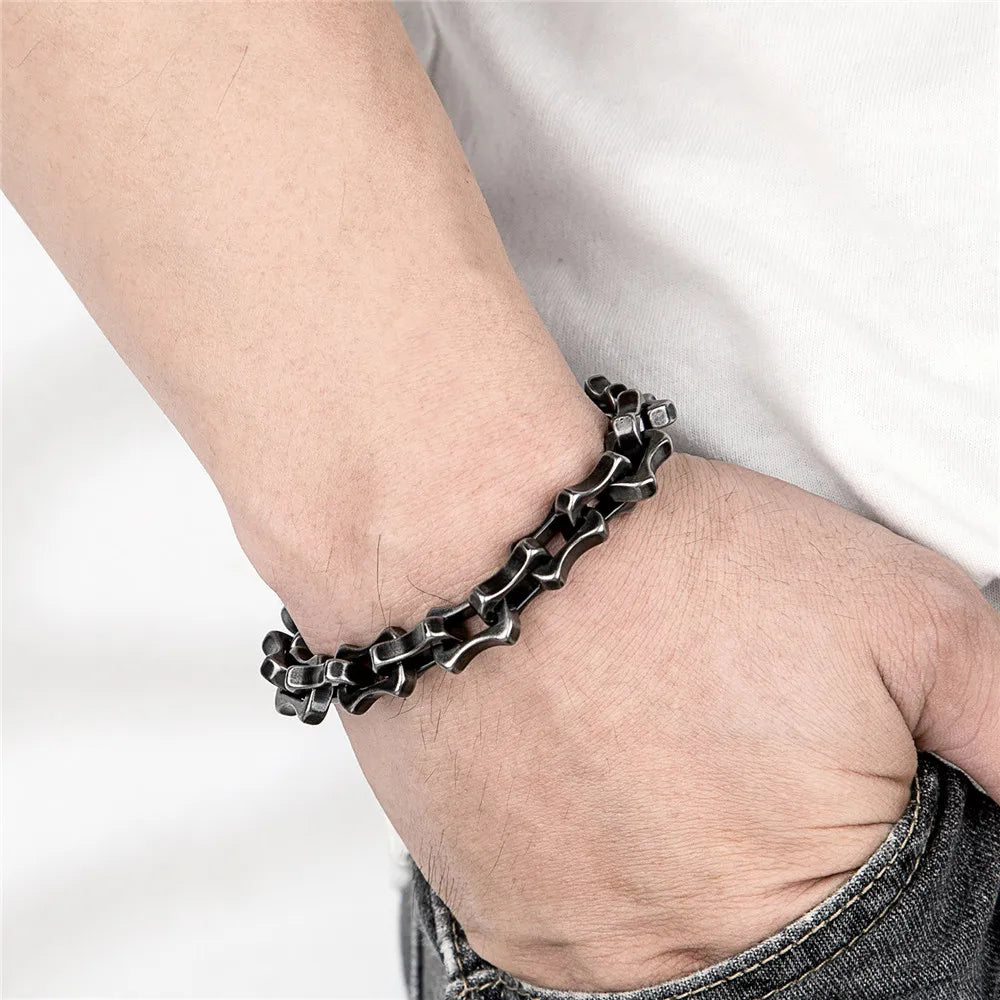 MKENDN Locomotive Retro Oxidized Black 11MM Keel Chain Link Men Trapezoidal Buckle Bracelet Steel Heavy Motorcycle Jewelry