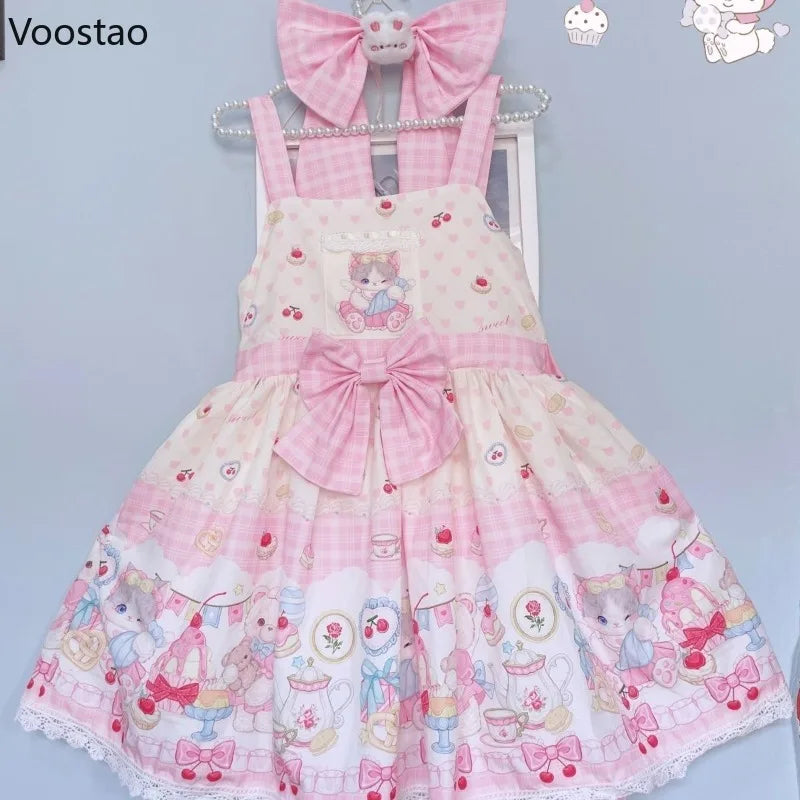 Japanese Sweet Lolita Jsk Dress Women Kawaii Cartoon Cat Print Bow Lace Ruffles Strap Dress Girls Cute Tea Party Mini Dresses