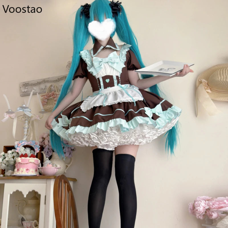 Anime Lolita Maid Dress Set Women Sweet Apron Bow Puff Sleeve Halloween Cosplay Costumes Party Dresses Gothic Girls Cute Dress