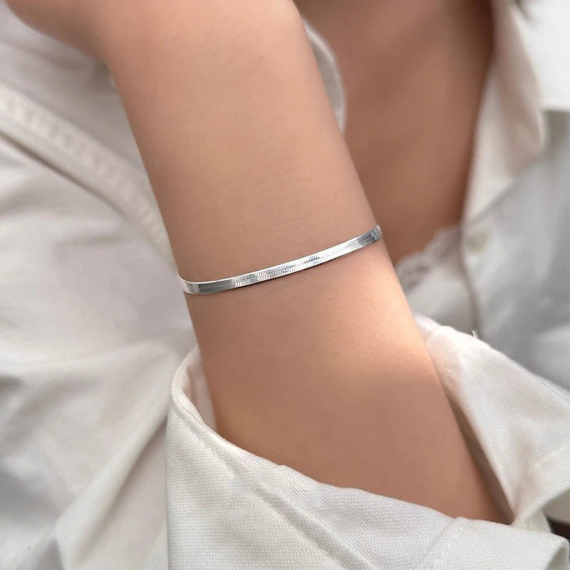 WOSTU 925 Sterling Silver 3MM Flat Snake Chain Bracelet For Women , Cuban Chain Stacked Chain Links For Women Punk Jewelry Gift