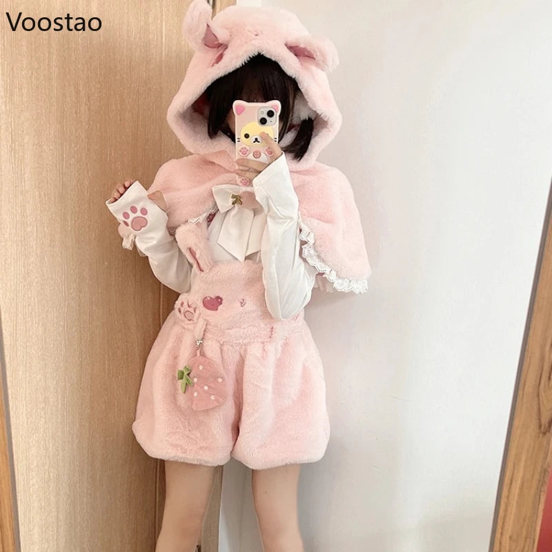 Autumn Winter Japanese Kawaii Lolita Shorts 3 Piece Sets Women Sweet Blouse Cute Shawl Cartoon Plush Overalls Suits Y2k Outfits